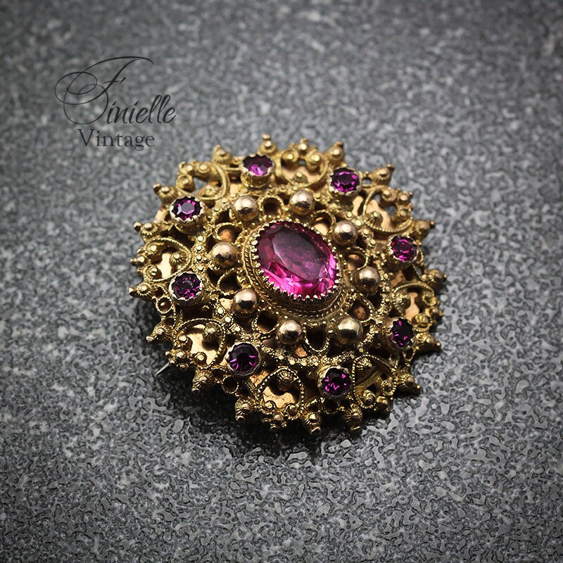 Victorian 1850-1900 Antique Filigree Ornate Paste Brooch Pin, Rose Pink Glass Rhinestones, Antique Gold Plated, Unique Jewelry Jewellery