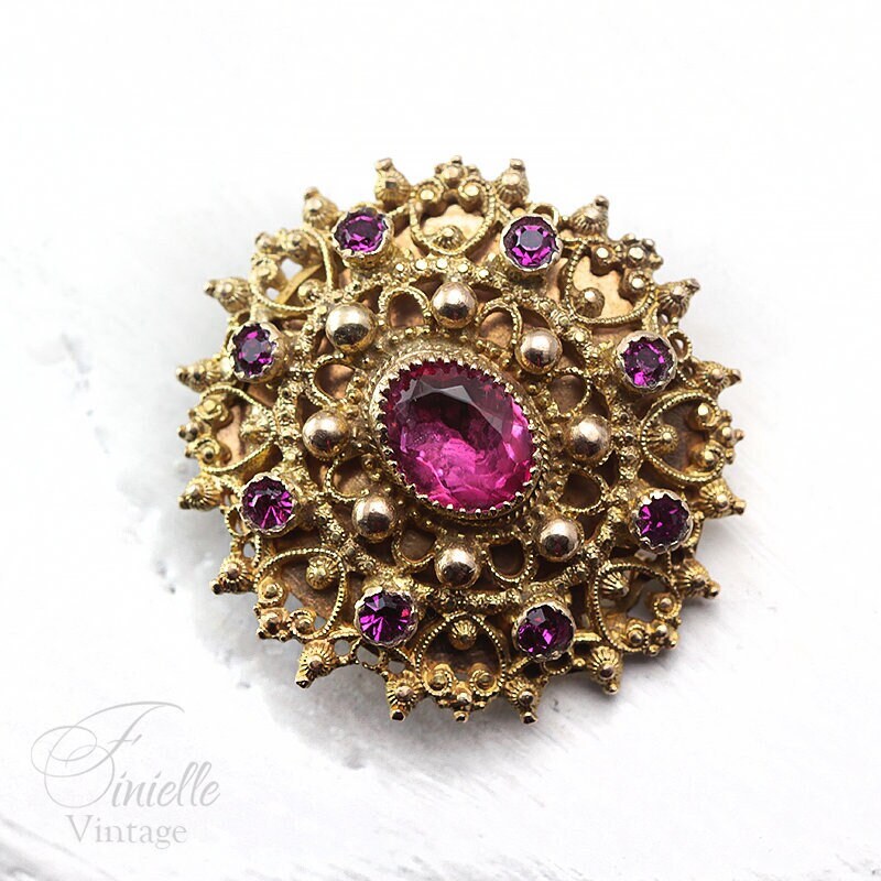 Victorian 1850-1900 Antique Filigree Ornate Paste Brooch Pin, Rose Pink Glass Rhinestones, Antique Gold Plated, Unique Jewelry Jewellery
