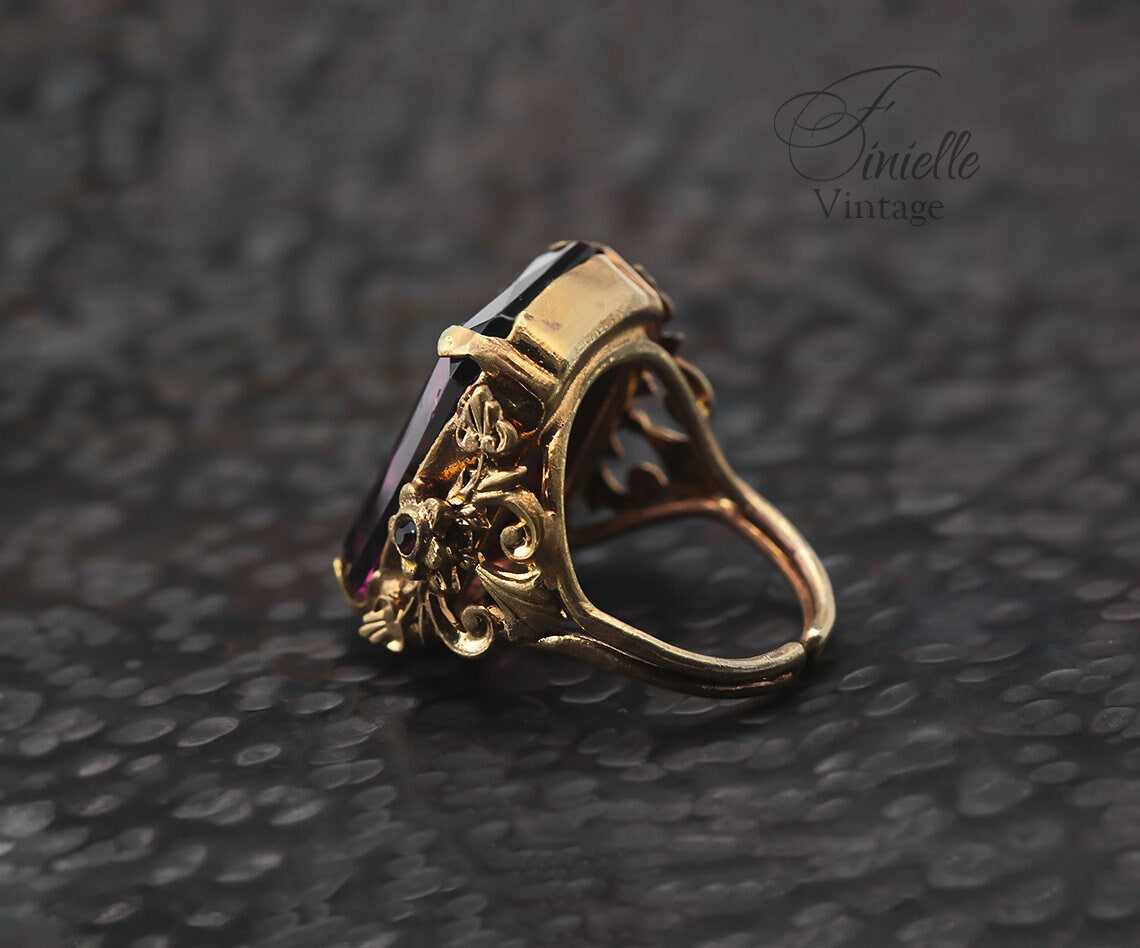 Vintage 1920s Czech Art Deco Ornate Adjustable Ring, Gold Plated, Purple Amethyst Glass, Antique Jewelry Jewellery, Rare item, Unique Gift
