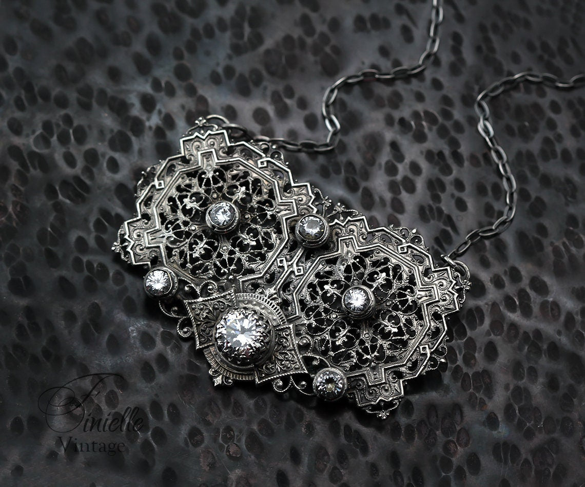 Antique Vintage 1915-1935 Czech Art Deco Half Belt Buckle, Repurposed One, Filigree Pendant Necklace, Antique Silver Plated, Unique Gift
