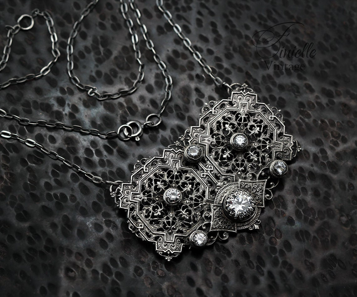 Antique Vintage 1915-1935 Czech Art Deco Half Belt Buckle, Repurposed One, Filigree Pendant Necklace, Antique Silver Plated, Unique Gift