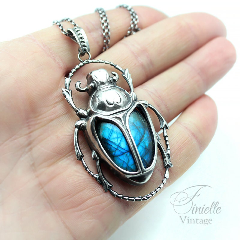 Art Deco Vintage style Egyptian Scarab Pendant Necklace, Antique Silver Plated, Royal Blue Labradorite, Sterling Silver Chain, Unique Gift