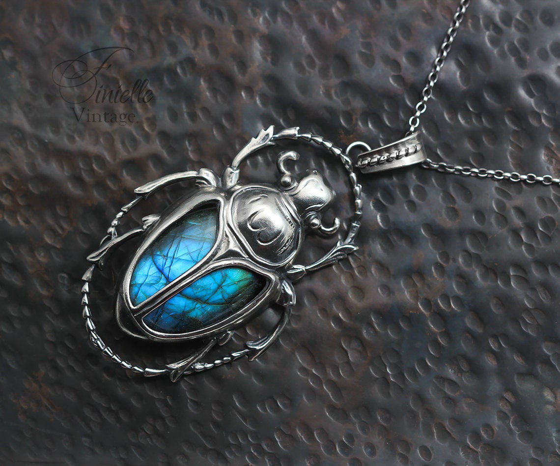 Art Deco Vintage style Egyptian Scarab Pendant Necklace, Antique Silver Plated, Royal Blue Labradorite, Sterling Silver Chain, Unique Gift