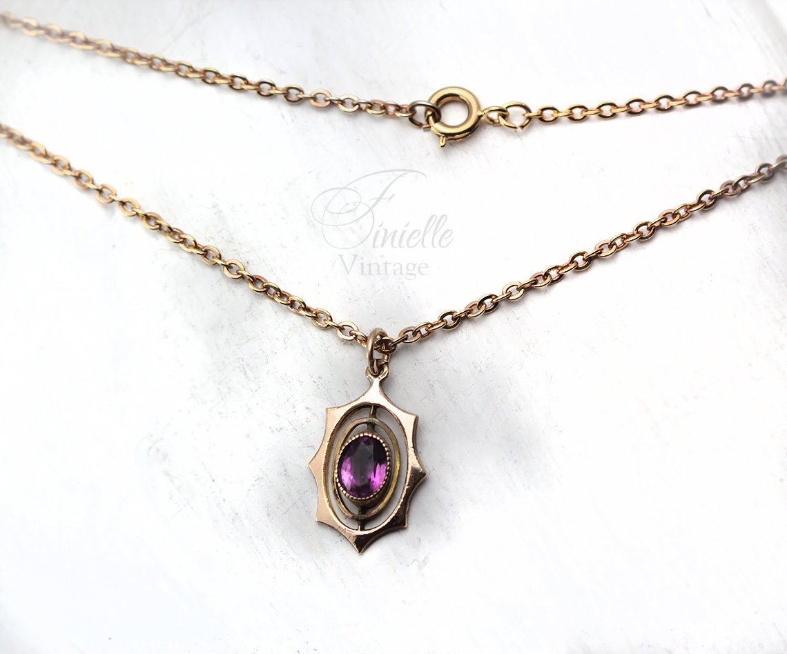 Antique Vintage Original 1920s Art Deco Gilded Pendant Necklace, Purple Amethyst, 16" Gilded Chain, Unique Jewelry Jewellery, Gift for Woman