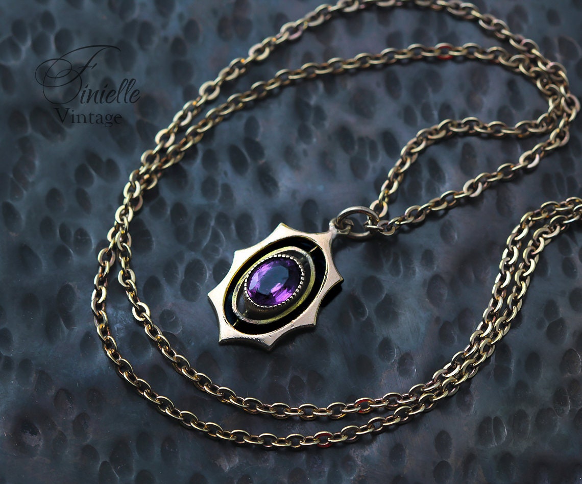 Antique Vintage Original 1920s Art Deco Gilded Pendant Necklace, Purple Amethyst, 16" Gilded Chain, Unique Jewelry Jewellery, Gift for Woman