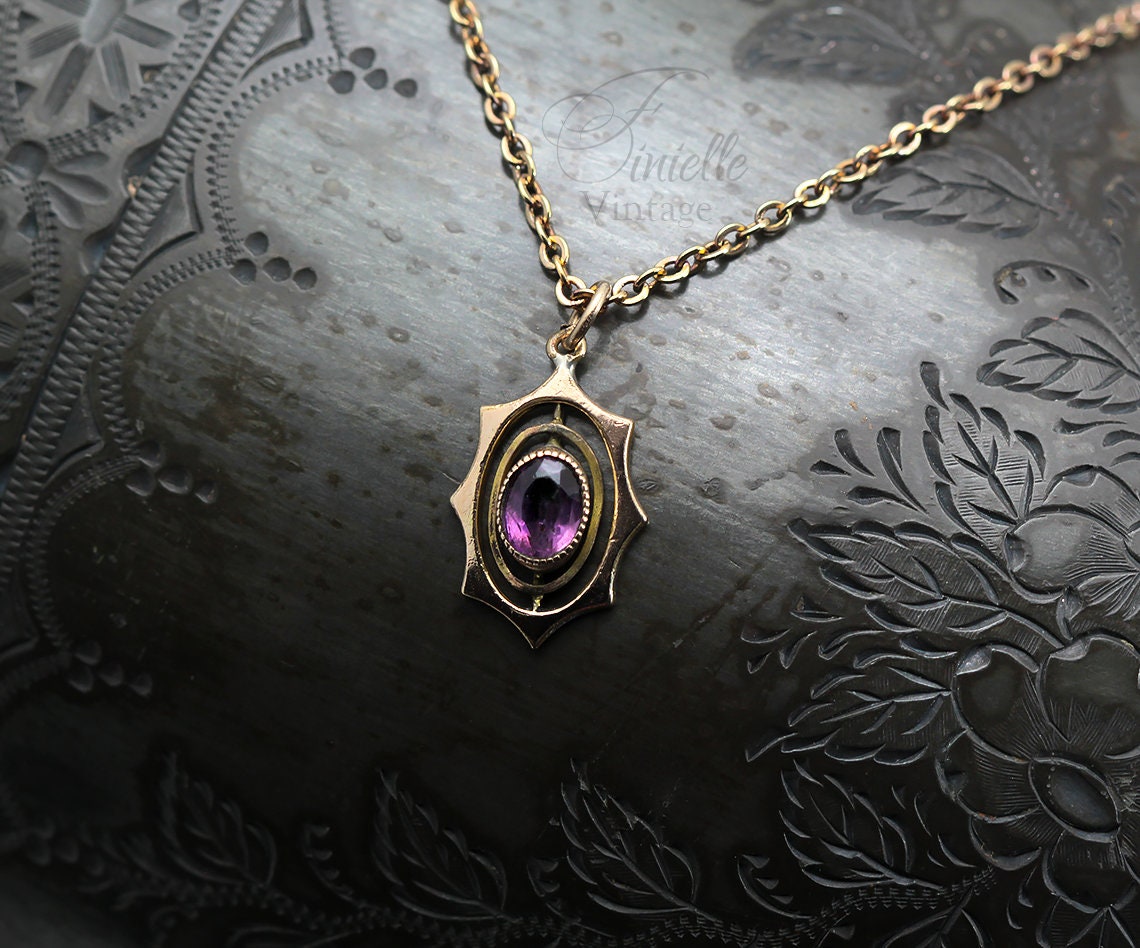 Antique Vintage Original 1920s Art Deco Gilded Pendant Necklace, Purple Amethyst, 16" Gilded Chain, Unique Jewelry Jewellery, Gift for Woman
