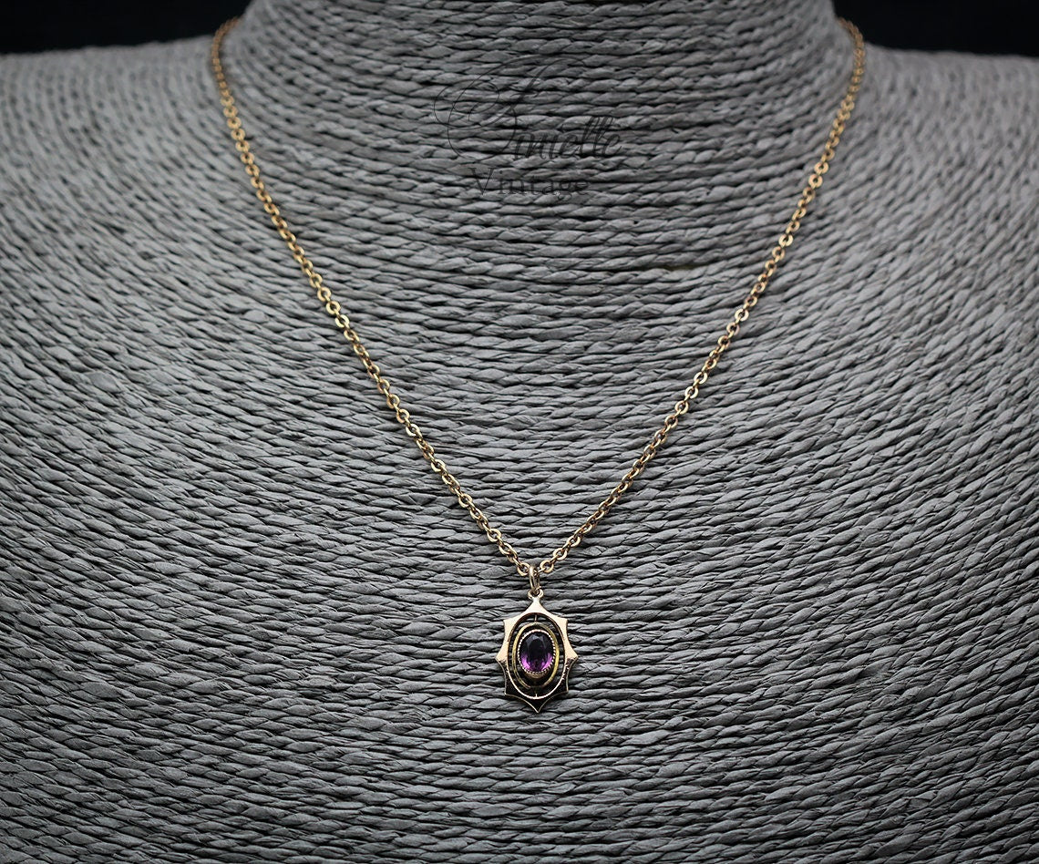 Antique Vintage Original 1920s Art Deco Gilded Pendant Necklace, Purple Amethyst, 16" Gilded Chain, Unique Jewelry Jewellery, Gift for Woman