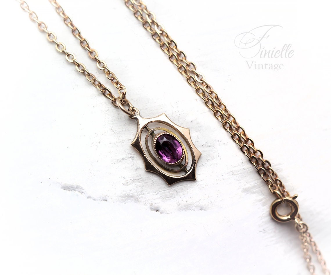 Antique Vintage Original 1920s Art Deco Gilded Pendant Necklace, Purple Amethyst, 16" Gilded Chain, Unique Jewelry Jewellery, Gift for Woman