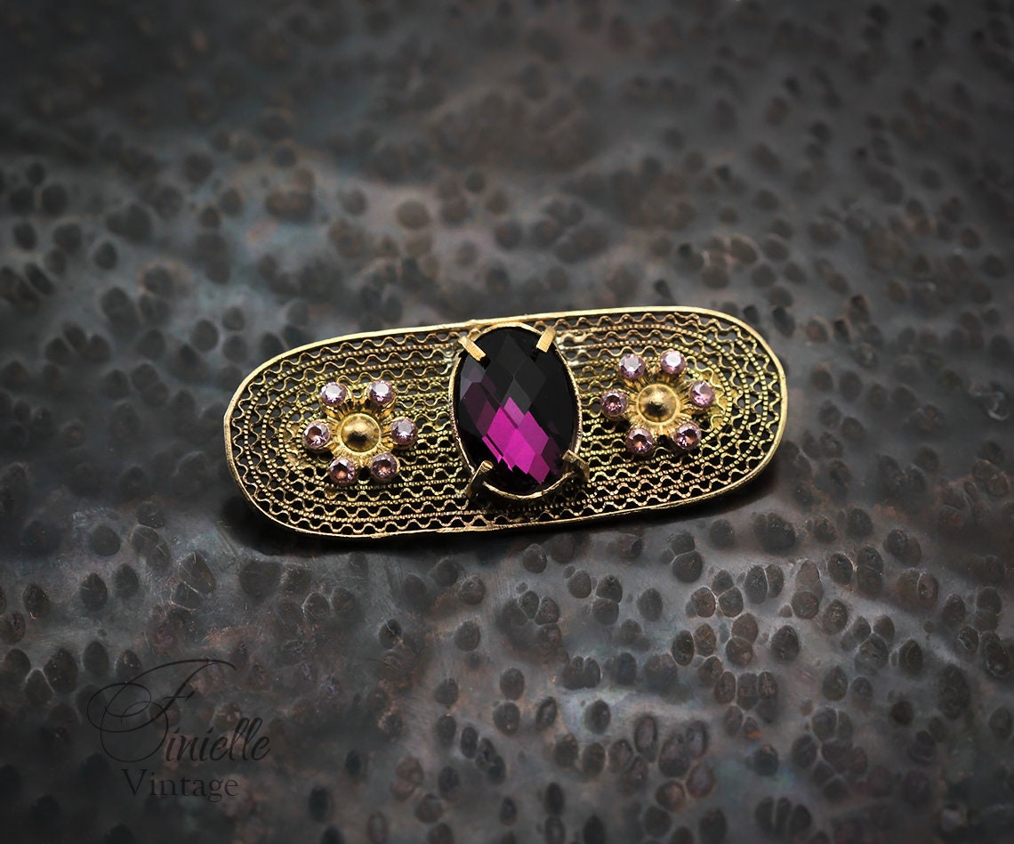 Art Deco 1920-1930's Brooch, Gold Plated, Vintage Czech, Purple Amethyst Glass Rhinestones, Filigree Brooch Pin, Antique Jewellery Jewelry