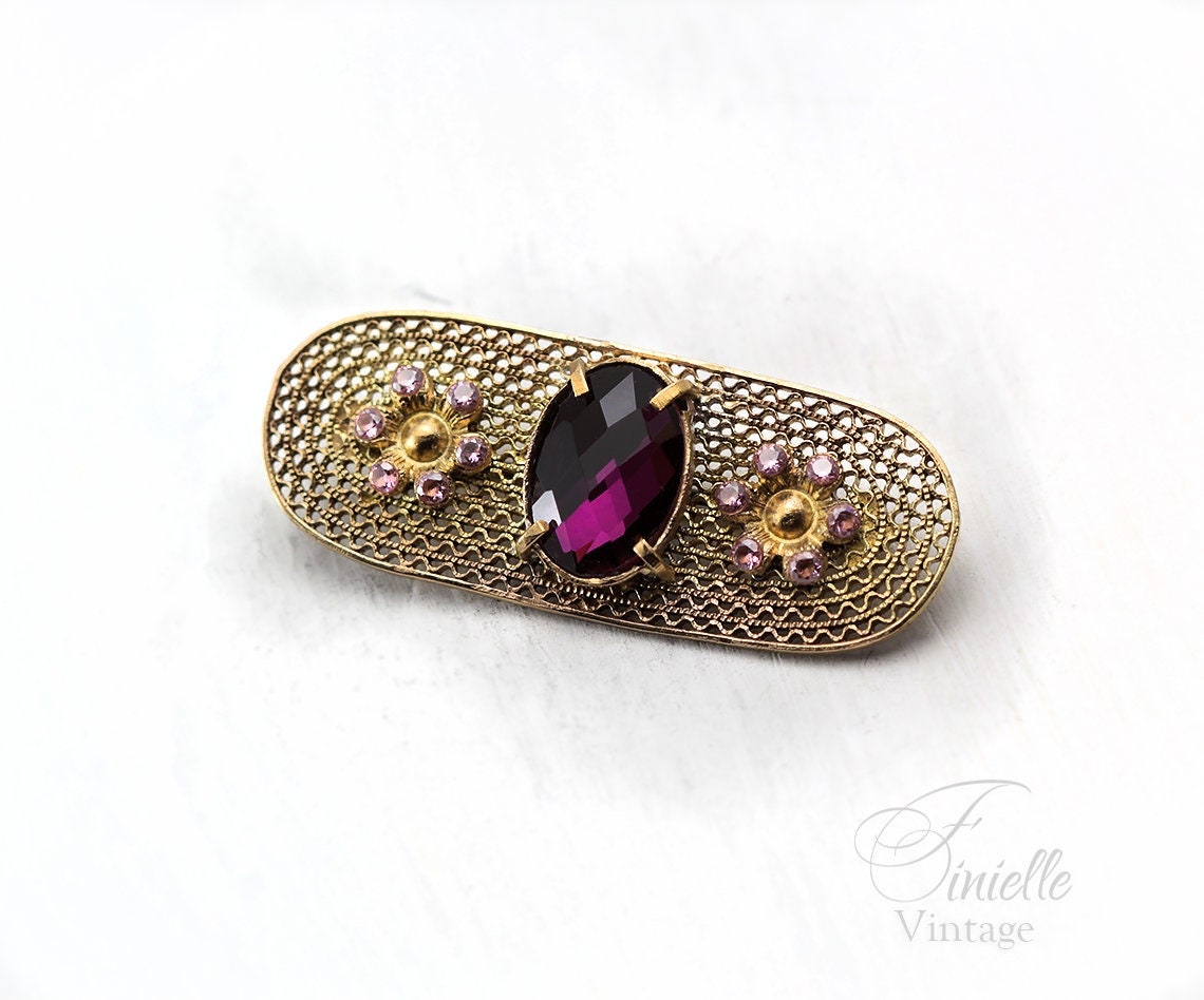 Art Deco 1920-1930's Brooch, Gold Plated, Vintage Czech, Purple Amethyst Glass Rhinestones, Filigree Brooch Pin, Antique Jewellery Jewelry