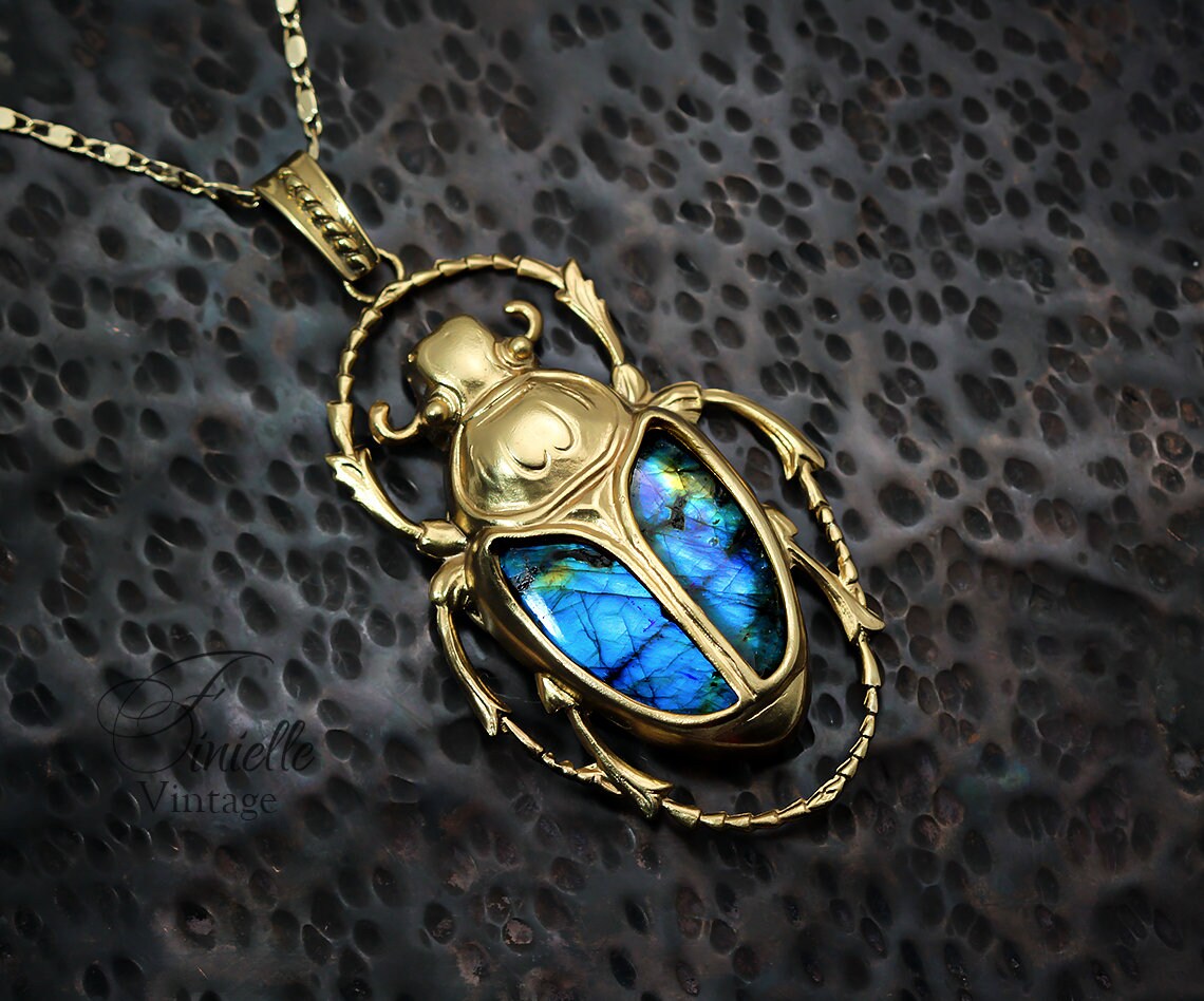 Art Deco Vintage style Egyptian Scarab Large Pendant Necklace, Antique 24k Yellow Gold Plated, Royal Blue Labradorite, Unique Gift