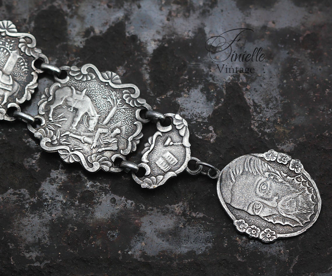 Silver Plated, Vintage 1940-1950s, Spanish Cervantes Don Quixote Story Panel Bracelet, Vintage Spanish Jewelry, Art Nouveau style Jewellery