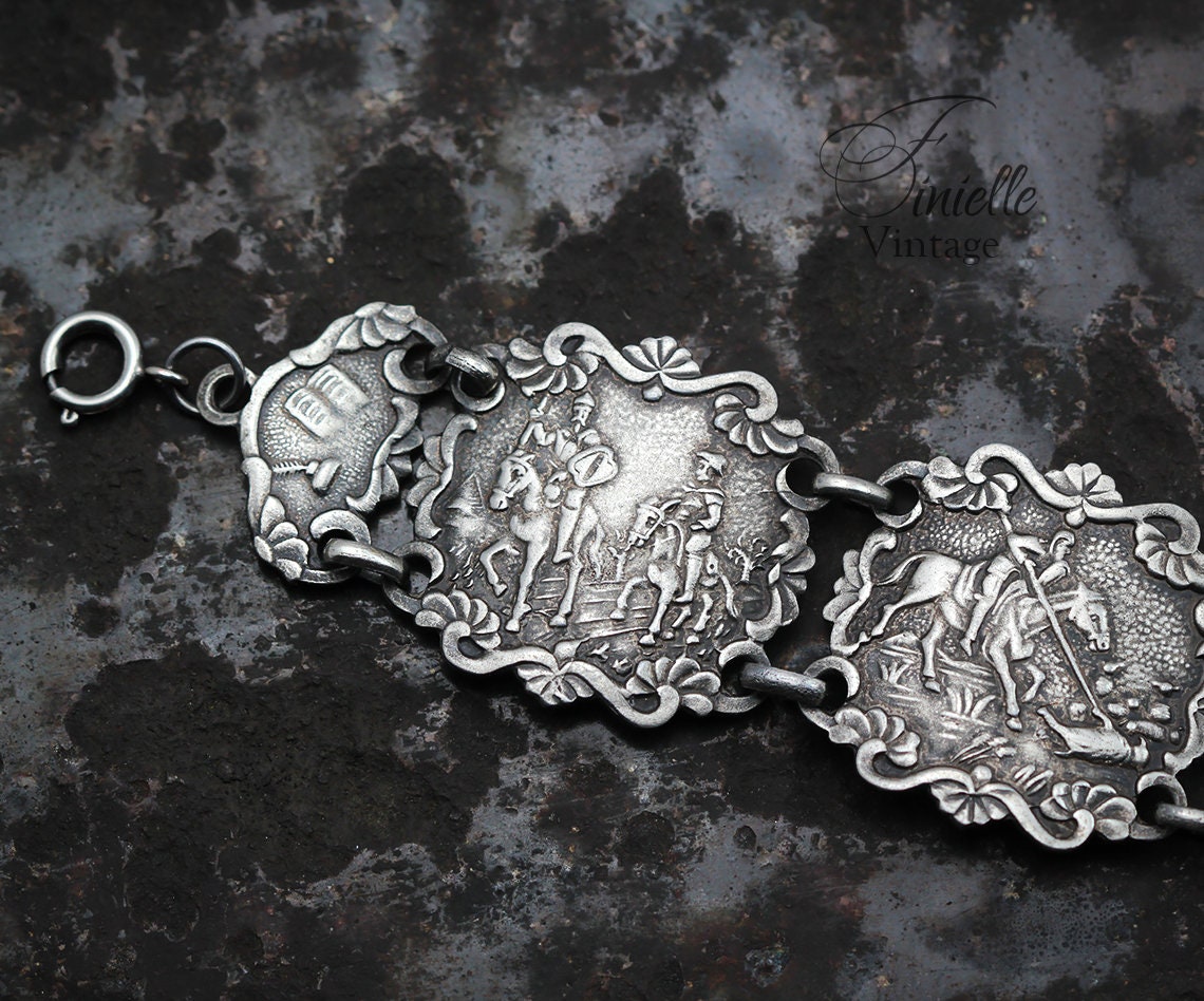 Silver Plated, Vintage 1940-1950s, Spanish Cervantes Don Quixote Story Panel Bracelet, Vintage Spanish Jewelry, Art Nouveau style Jewellery