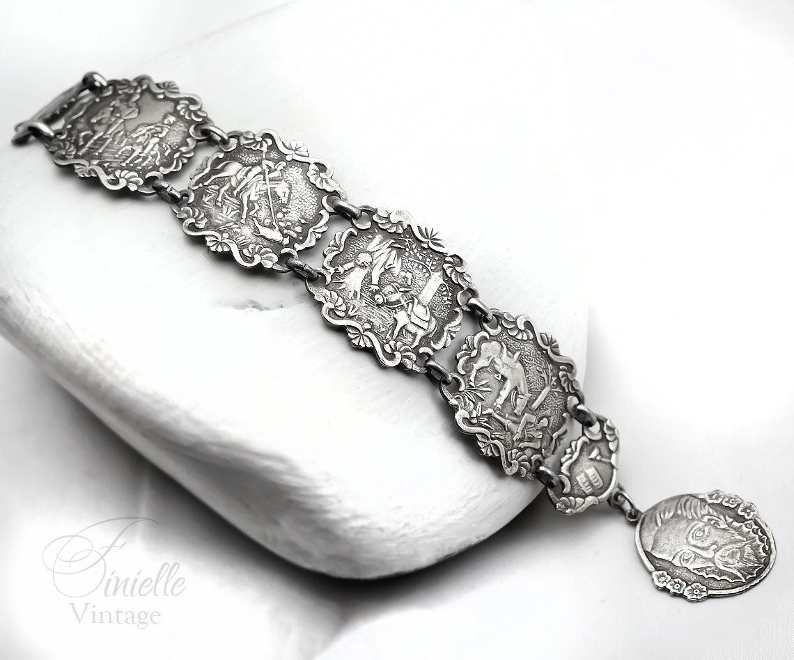 Silver Plated, Vintage 1940-1950s, Spanish Cervantes Don Quixote Story Panel Bracelet, Vintage Spanish Jewelry, Art Nouveau style Jewellery