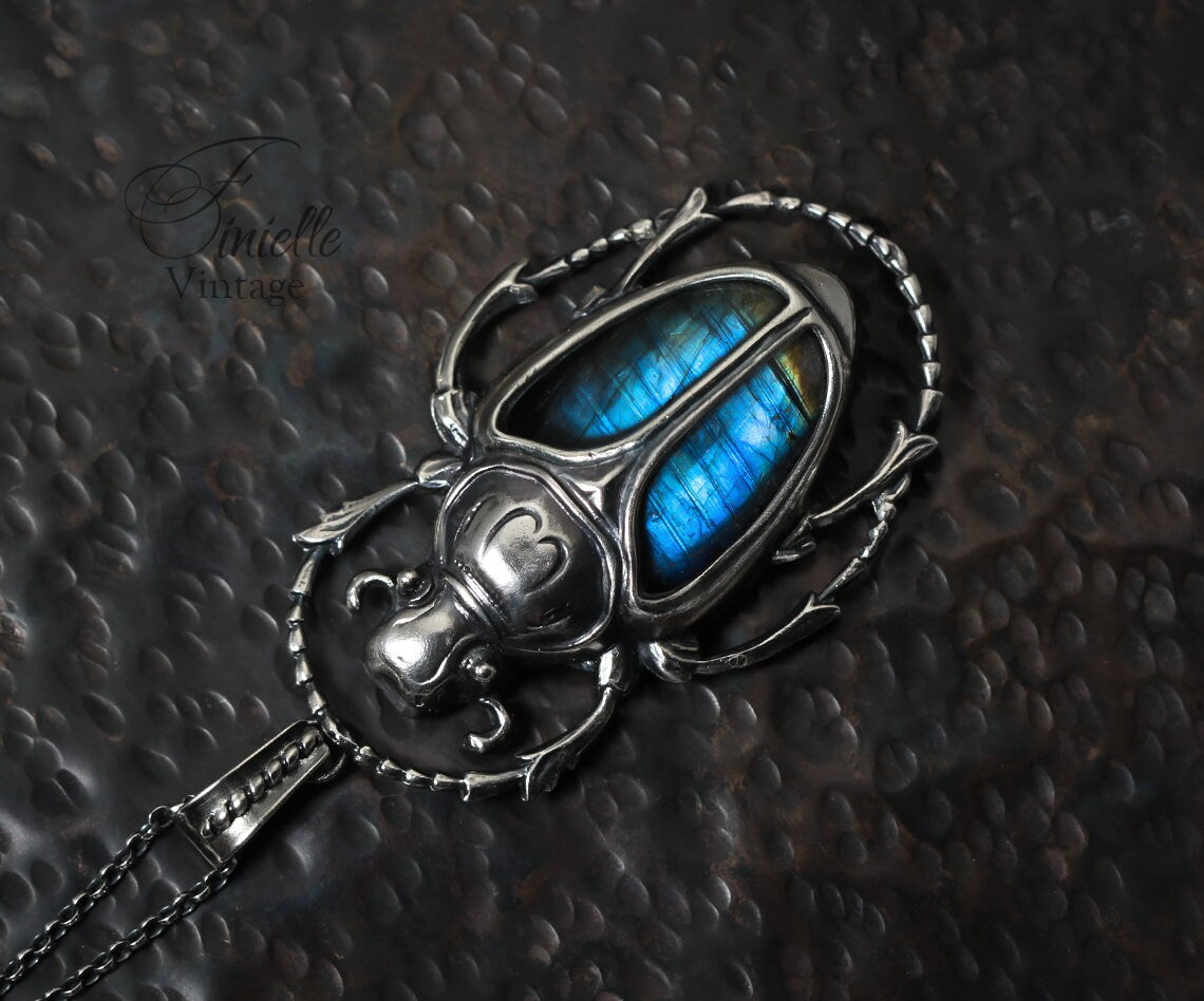 Art Deco Vintage style Egyptian Scarab Pendant Necklace, Antique Silver Plated, Royal Blue Labradorite, Sterling Silver Chain, Unique Gift