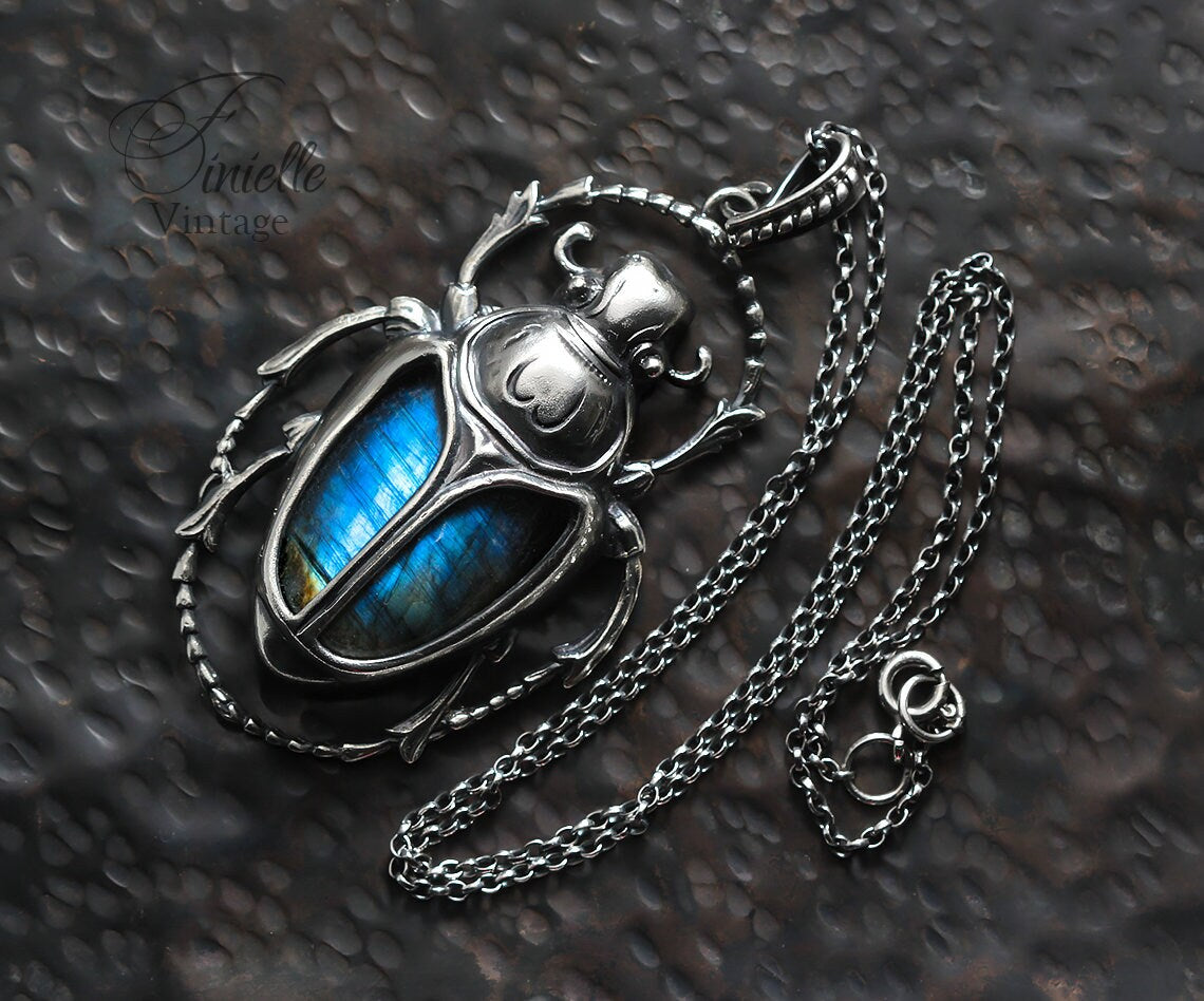 Art Deco Vintage style Egyptian Scarab Pendant Necklace, Antique Silver Plated, Royal Blue Labradorite, Sterling Silver Chain, Unique Gift