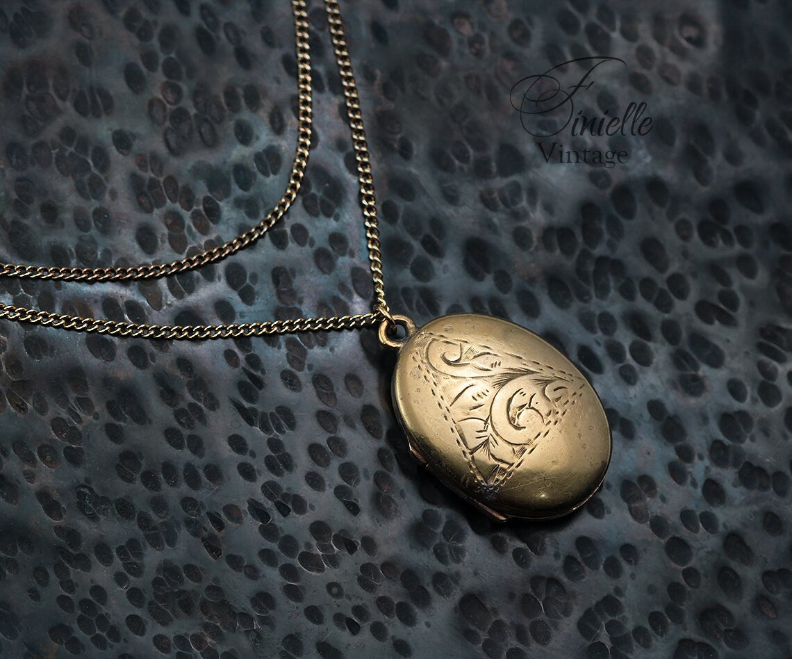 Rolled Gold Vintage 1920s Oval 2 Photo Locket Pendant Necklace, Engraved Ornate Floral, Gold Plated Chain, Unique Antique Jewelry