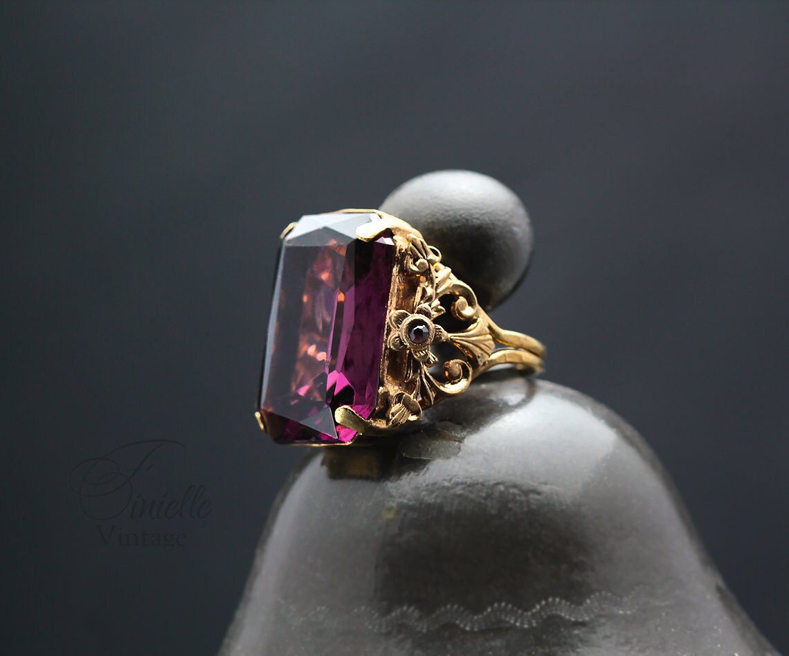 Vintage 1920s Czech Art Deco Ornate Adjustable Ring, Gold Plated, Purple Amethyst Glass, Antique Jewelry Jewellery, Rare item, Unique Gift