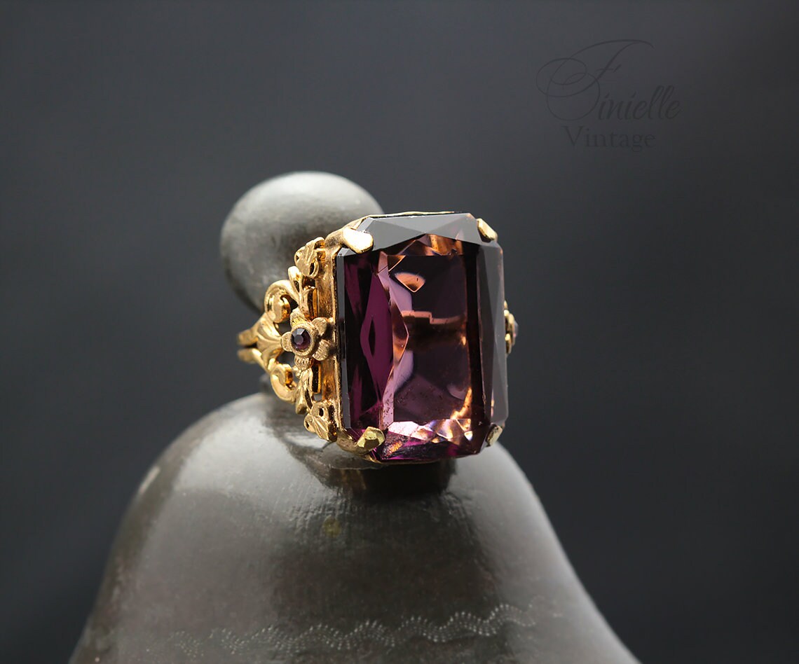 Vintage 1920s Czech Art Deco Ornate Adjustable Ring, Gold Plated, Purple Amethyst Glass, Antique Jewelry Jewellery, Rare item, Unique Gift
