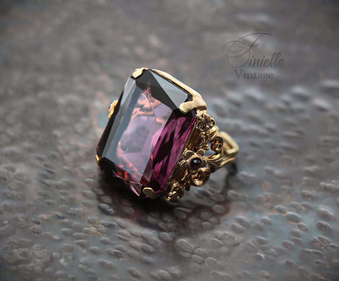 Vintage 1920s Czech Art Deco Ornate Adjustable Ring, Gold Plated, Purple Amethyst Glass, Antique Jewelry Jewellery, Rare item, Unique Gift