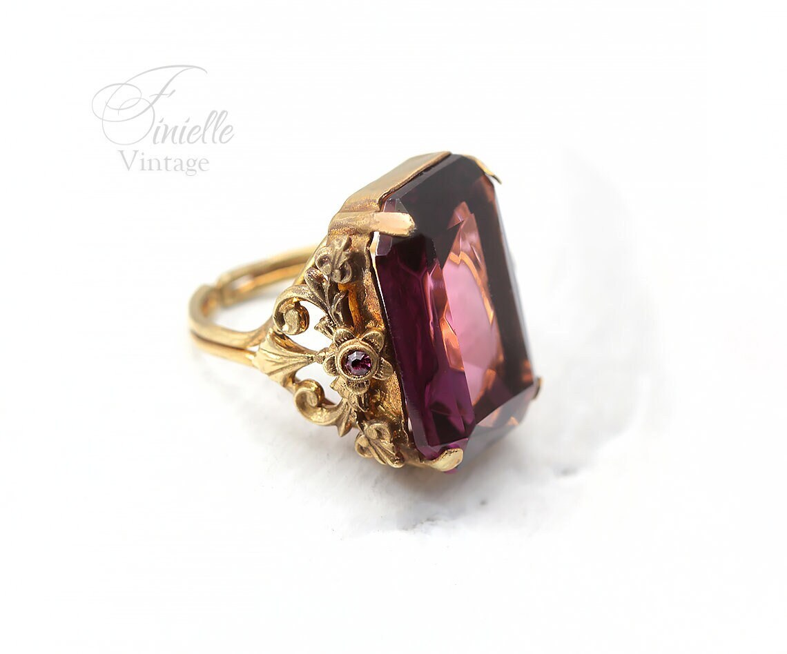 Vintage 1920s Czech Art Deco Ornate Adjustable Ring, Gold Plated, Purple Amethyst Glass, Antique Jewelry Jewellery, Rare item, Unique Gift