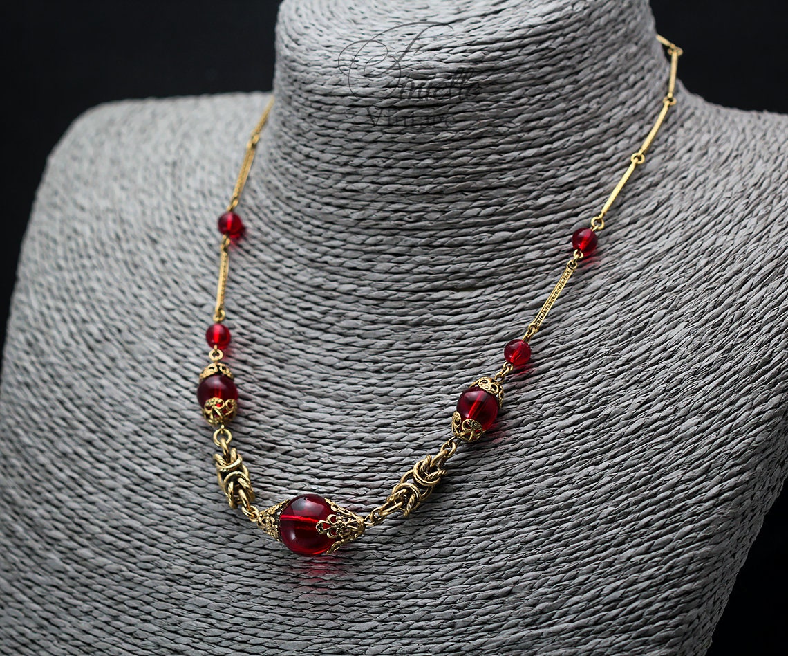 Vintage Art Deco 1920s, Antique Czech Craftsmanship Bohemian Red Glass Beaded Necklace, Gold Plated Brass, Unique Jewelry Jewellery