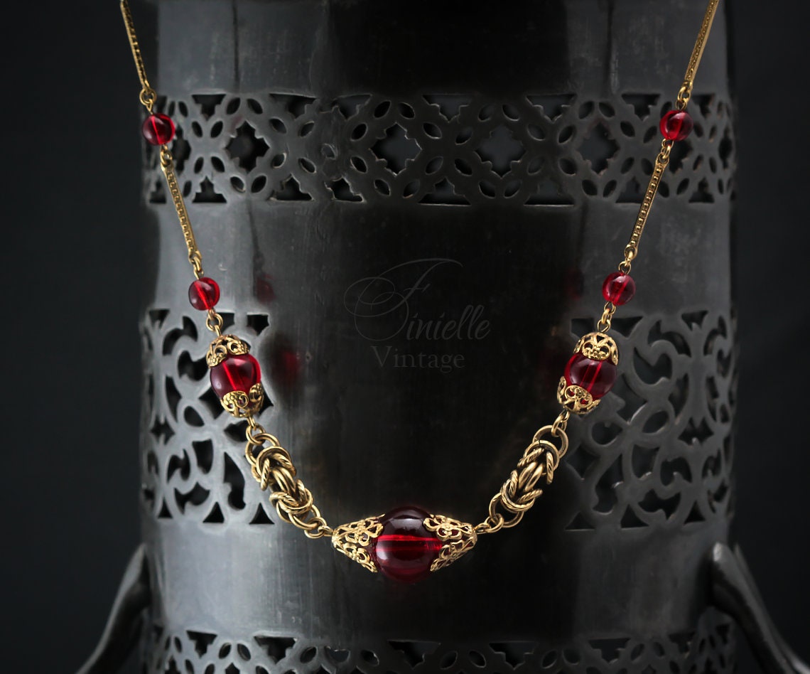 Vintage Art Deco 1920s, Antique Czech Craftsmanship Bohemian Red Glass Beaded Necklace, Gold Plated Brass, Unique Jewelry Jewellery