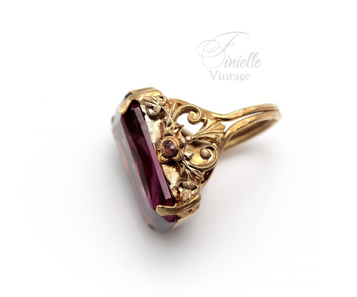 Vintage 1920s Czech Art Deco Ornate Adjustable Ring, Gold Plated, Purple Amethyst Glass, Antique Jewelry Jewellery, Rare item, Unique Gift