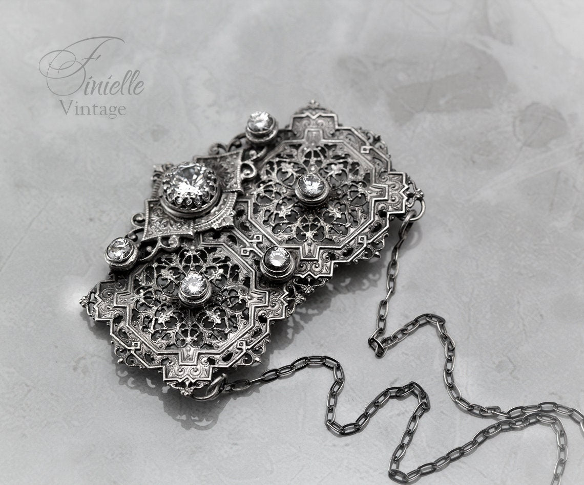 Antique Vintage 1915-1935 Czech Art Deco Half Belt Buckle, Repurposed One, Filigree Pendant Necklace, Antique Silver Plated, Unique Gift