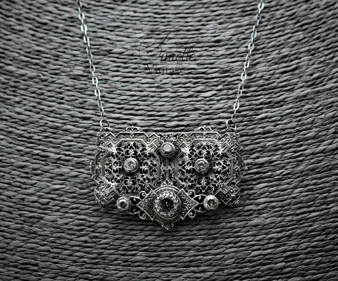 Antique Vintage 1915-1935 Czech Art Deco Half Belt Buckle, Repurposed One, Filigree Pendant Necklace, Antique Silver Plated, Unique Gift