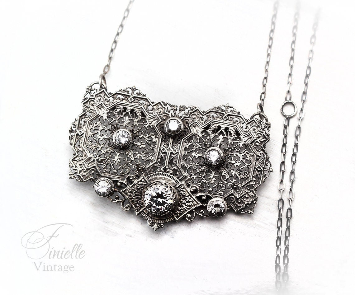 Antique Vintage 1915-1935 Czech Art Deco Half Belt Buckle, Repurposed One, Filigree Pendant Necklace, Antique Silver Plated, Unique Gift