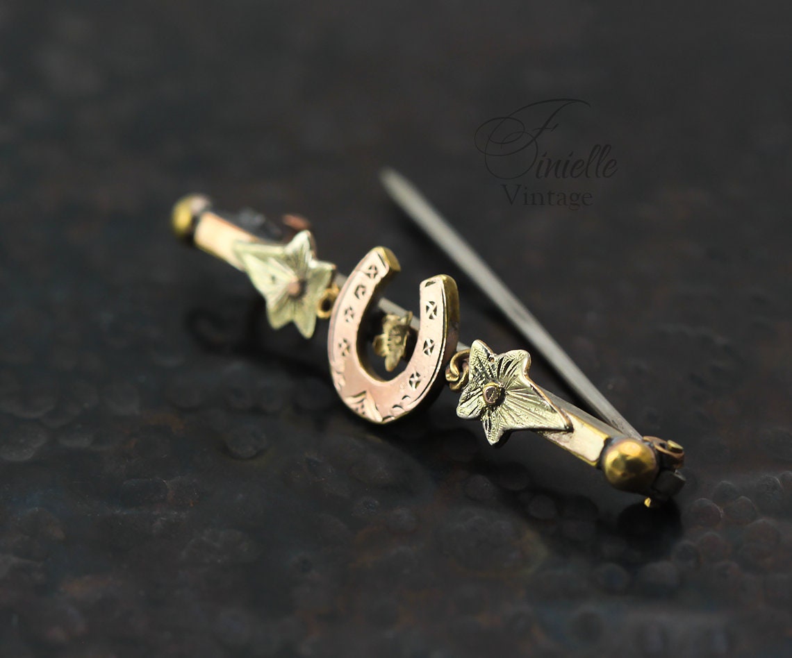 Victorian 1837-1901 Floral Lucky Horse Shoe Bar Brooch, Sterling Silver and 9ct Gold, Unique Antique Vintage Jewelry Jewellery
