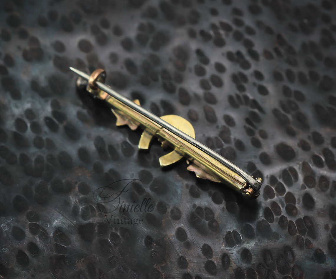 Victorian 1837-1901 Floral Lucky Horse Shoe Bar Brooch, Sterling Silver and 9ct Gold, Unique Antique Vintage Jewelry Jewellery