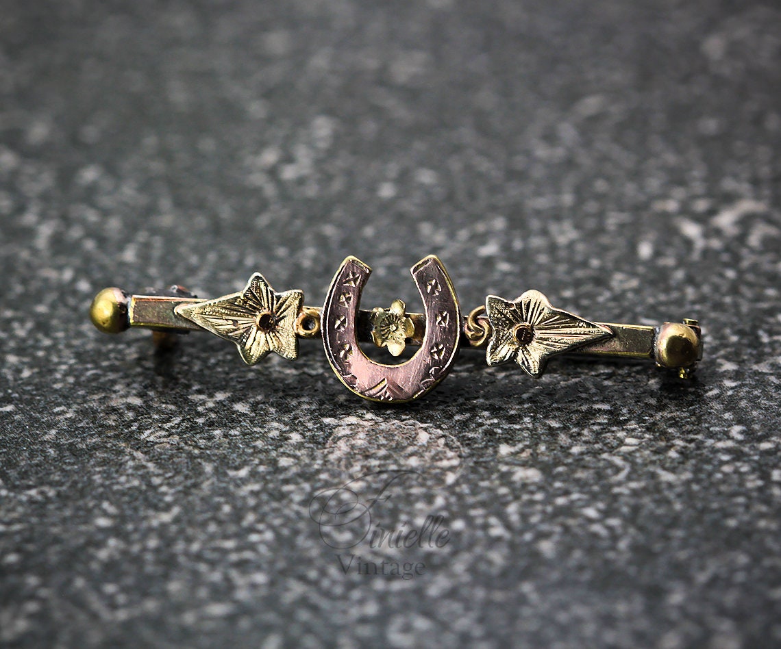Victorian 1837-1901 Floral Lucky Horse Shoe Bar Brooch, Sterling Silver and 9ct Gold, Unique Antique Vintage Jewelry Jewellery