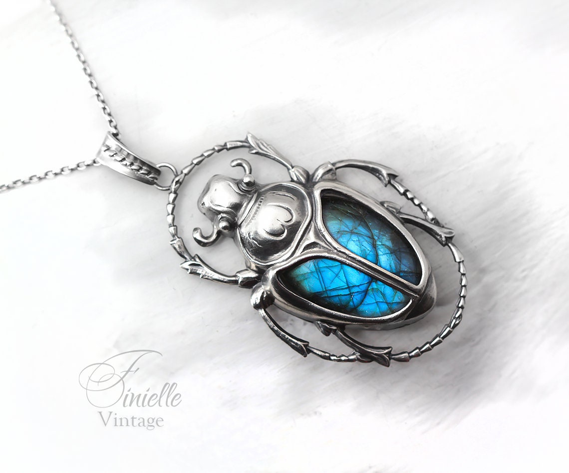 Art Deco Vintage style Egyptian Scarab Pendant Necklace, Antique Silver Plated, Royal Blue Labradorite, Sterling Silver Chain, Unique Gift