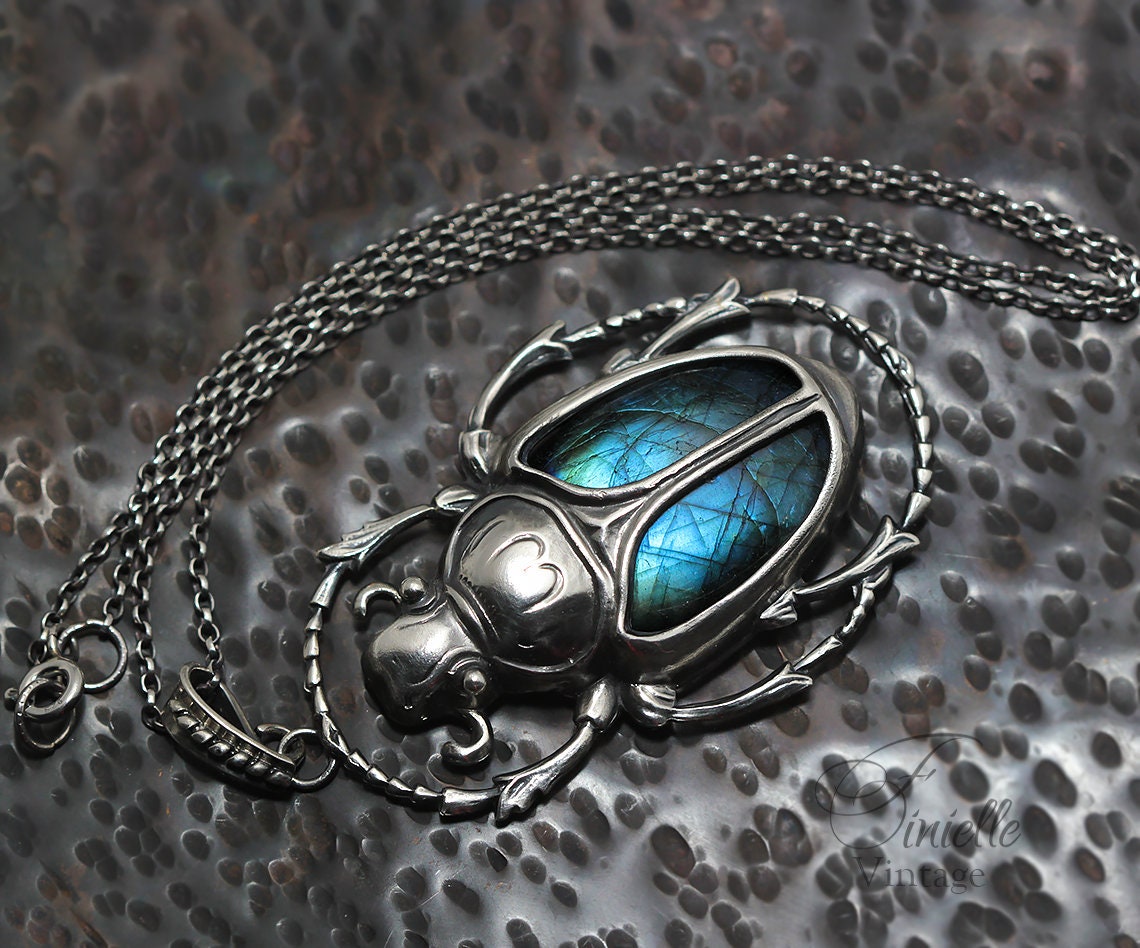 Art Deco Vintage style Egyptian Scarab Pendant Necklace, Antique Silver Plated, Royal Blue Labradorite, Sterling Silver Chain, Unique Gift