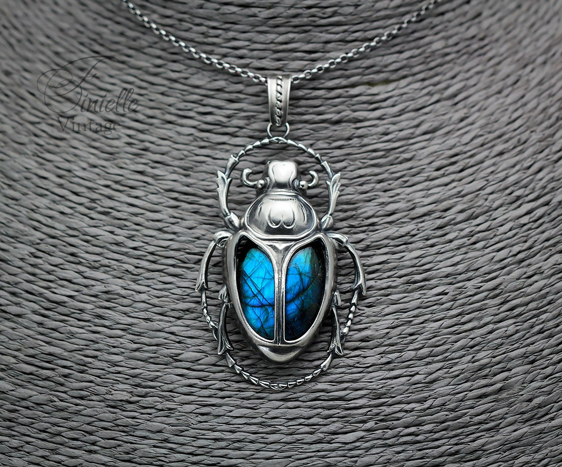 Art Deco Vintage style Egyptian Scarab Pendant Necklace, Antique Silver Plated, Royal Blue Labradorite, Sterling Silver Chain, Unique Gift