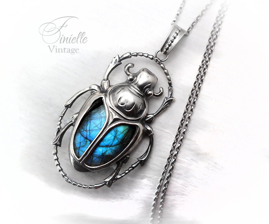 Art Deco Vintage style Egyptian Scarab Pendant Necklace, Antique Silver Plated, Royal Blue Labradorite, Sterling Silver Chain, Unique Gift