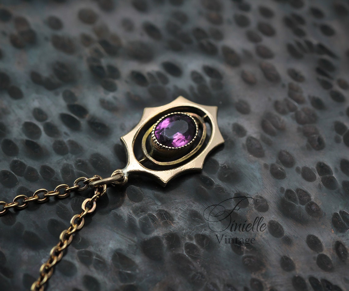 Antique Vintage Original 1920s Art Deco Gilded Pendant Necklace, Purple Amethyst, 16" Gilded Chain, Unique Jewelry Jewellery, Gift for Woman