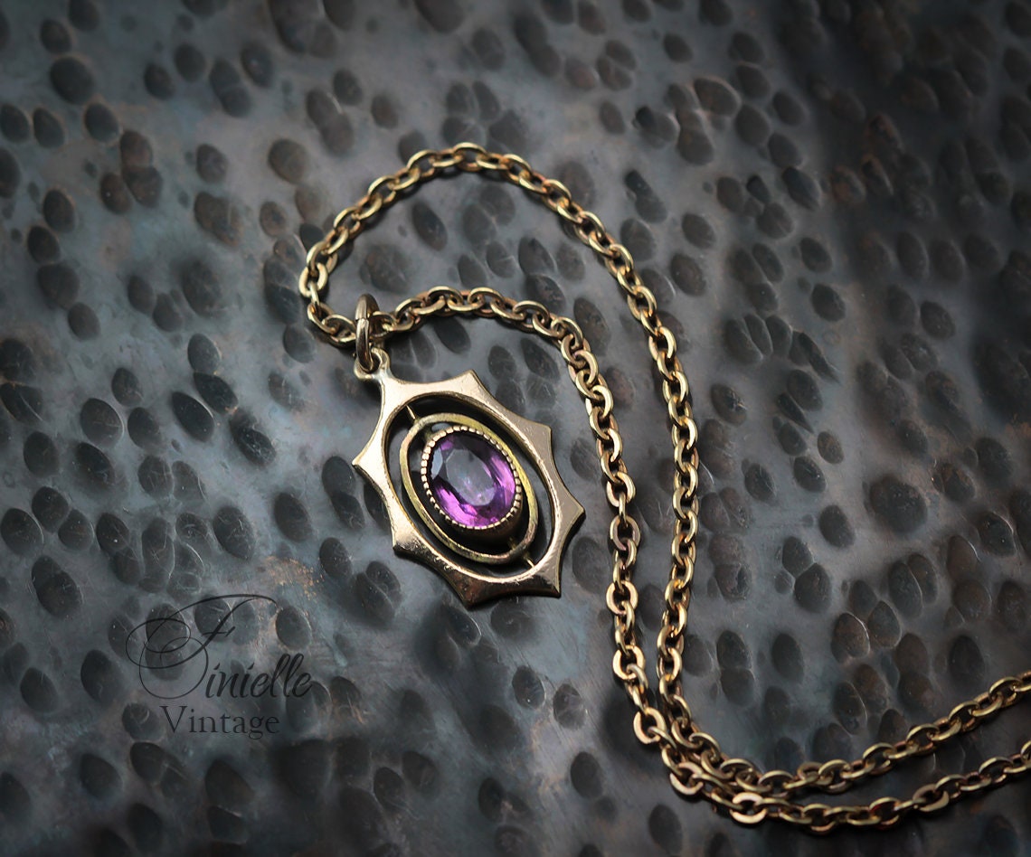 Antique Vintage Original 1920s Art Deco Gilded Pendant Necklace, Purple Amethyst, 16" Gilded Chain, Unique Jewelry Jewellery, Gift for Woman