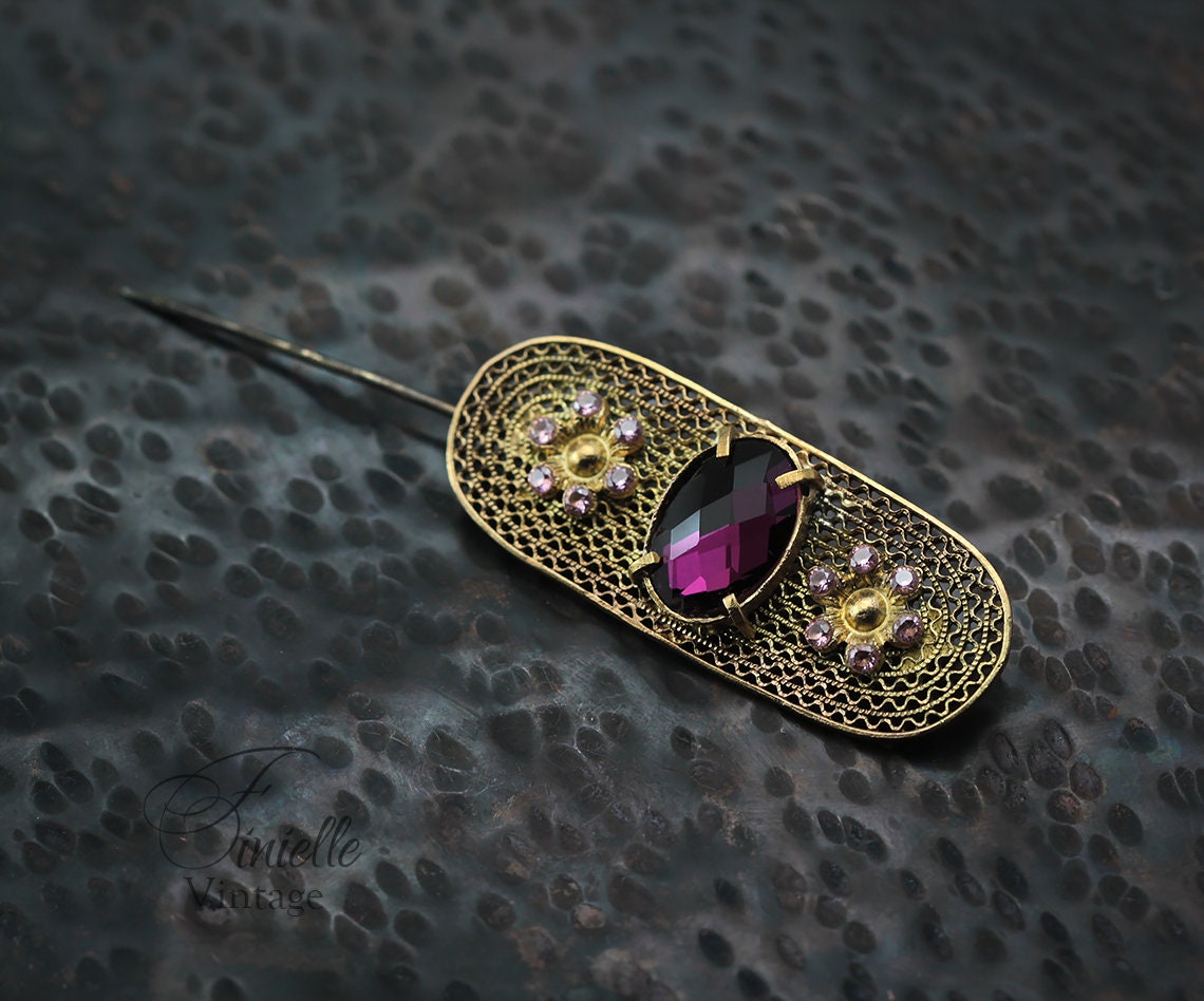 Art Deco 1920-1930's Brooch, Gold Plated, Vintage Czech, Purple Amethyst Glass Rhinestones, Filigree Brooch Pin, Antique Jewellery Jewelry