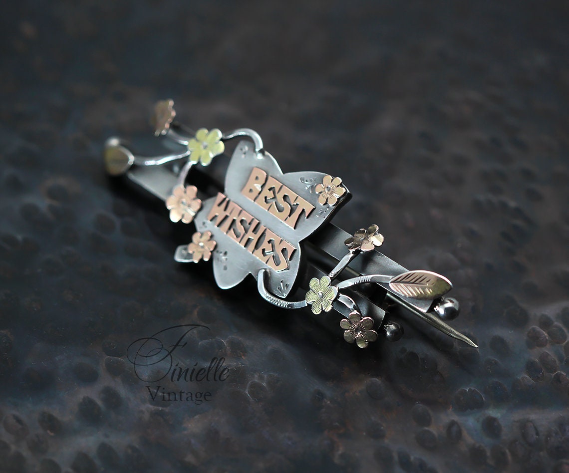 Sterling Silver, Rose and Yellow 9ct Gold, Victorian 1899 Brooch | Hallmarked S.Bros Birmingham, Floral, Best Wishes, Unique Antique Jewelry