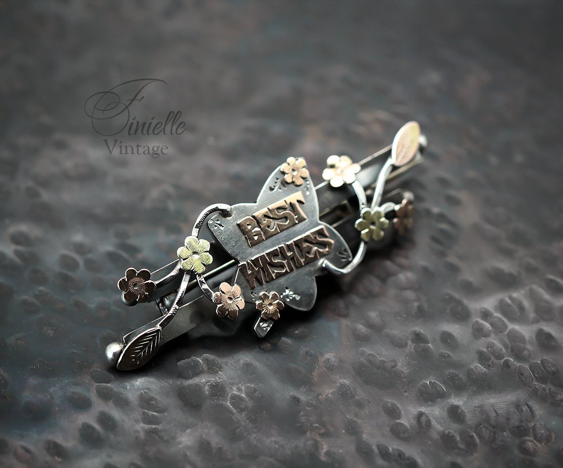 Sterling Silver, Rose and Yellow 9ct Gold, Victorian 1899 Brooch | Hallmarked S.Bros Birmingham, Floral, Best Wishes, Unique Antique Jewelry