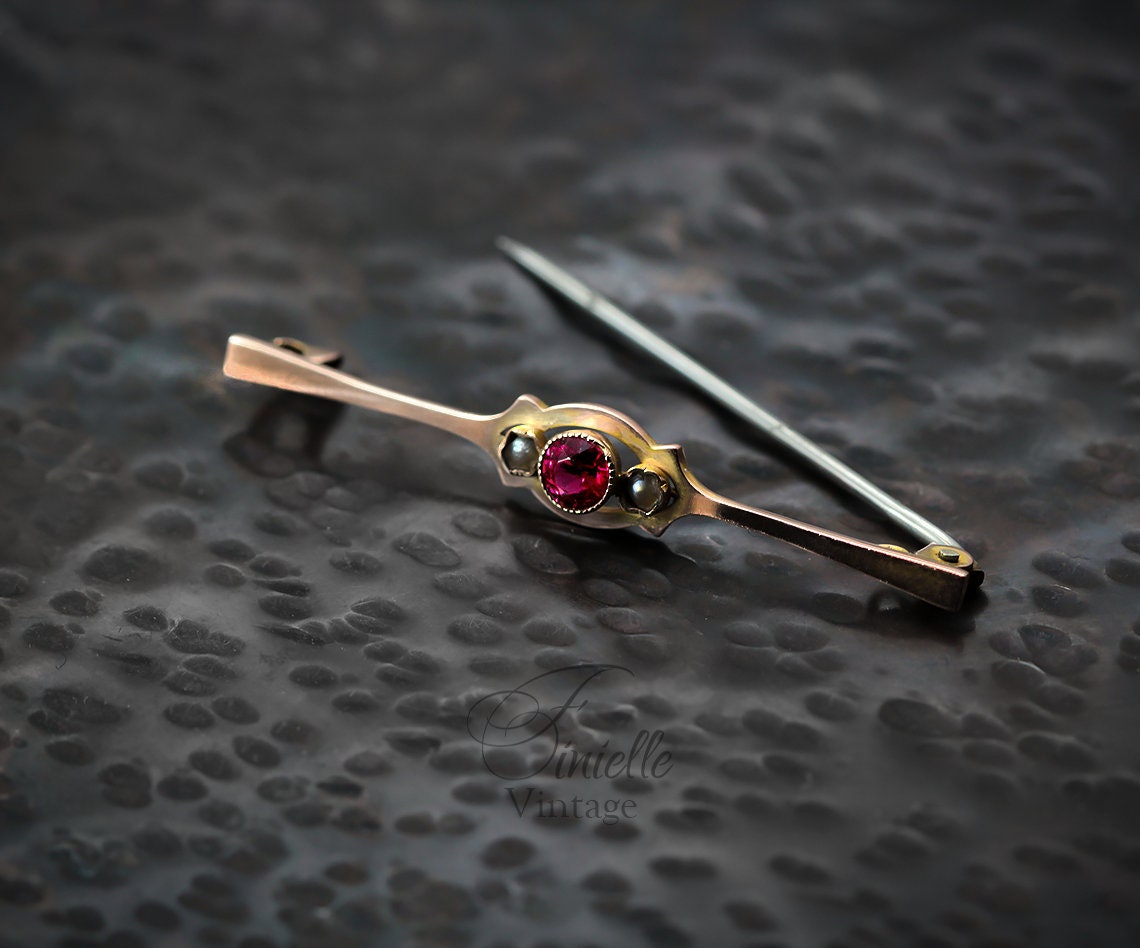 Antique Circa 1910 Edwardian 9ct Rose Gold Bar Brooch, Ruby and Seed Pearls, Hallmarked Chester, Unique Gift, Antique Jewelry Jewellery