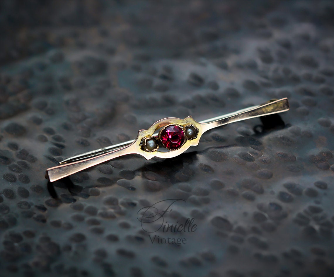 Antique Circa 1910 Edwardian 9ct Rose Gold Bar Brooch, Ruby and Seed Pearls, Hallmarked Chester, Unique Gift, Antique Jewelry Jewellery