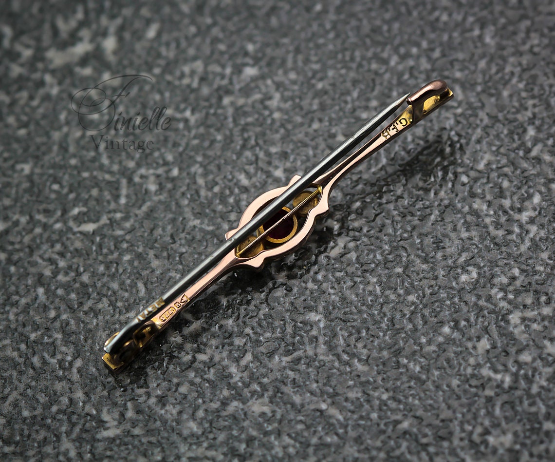 Antique Circa 1910 Edwardian 9ct Rose Gold Bar Brooch, Ruby and Seed Pearls, Hallmarked Chester, Unique Gift, Antique Jewelry Jewellery
