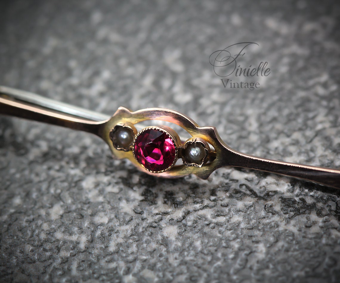 Antique Circa 1910 Edwardian 9ct Rose Gold Bar Brooch, Ruby and Seed Pearls, Hallmarked Chester, Unique Gift, Antique Jewelry Jewellery