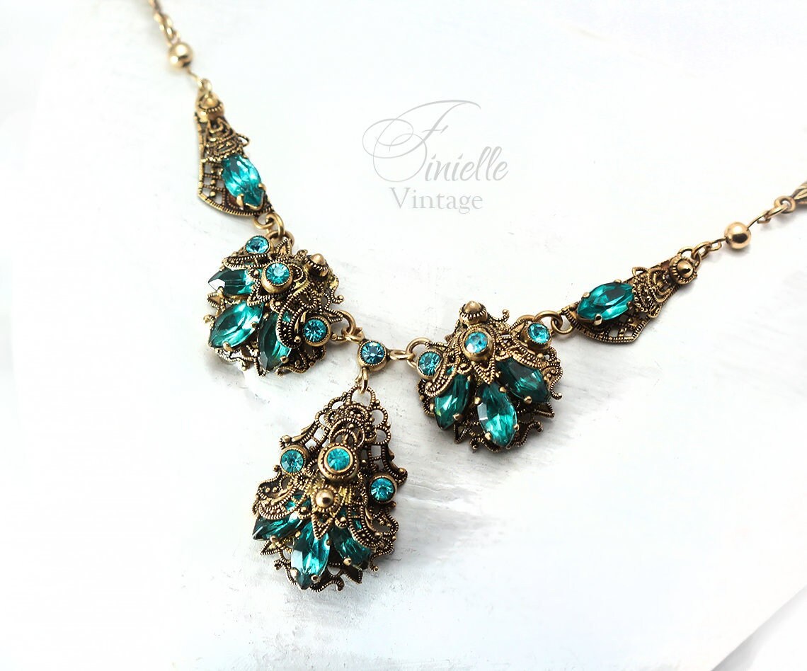 Vintage Art Deco 1920s 1930s, Czech Craftsmanship Bohemian Filigree Necklace, Aquamarine Crystal Rhinestones, Gilded, Unique Jewelry Gift