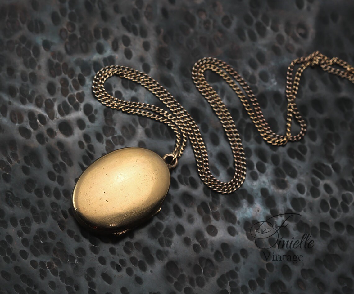 Rolled Gold Vintage 1920s Oval 2 Photo Locket Pendant Necklace, Engraved Ornate Floral, Gold Plated Chain, Unique Antique Jewelry