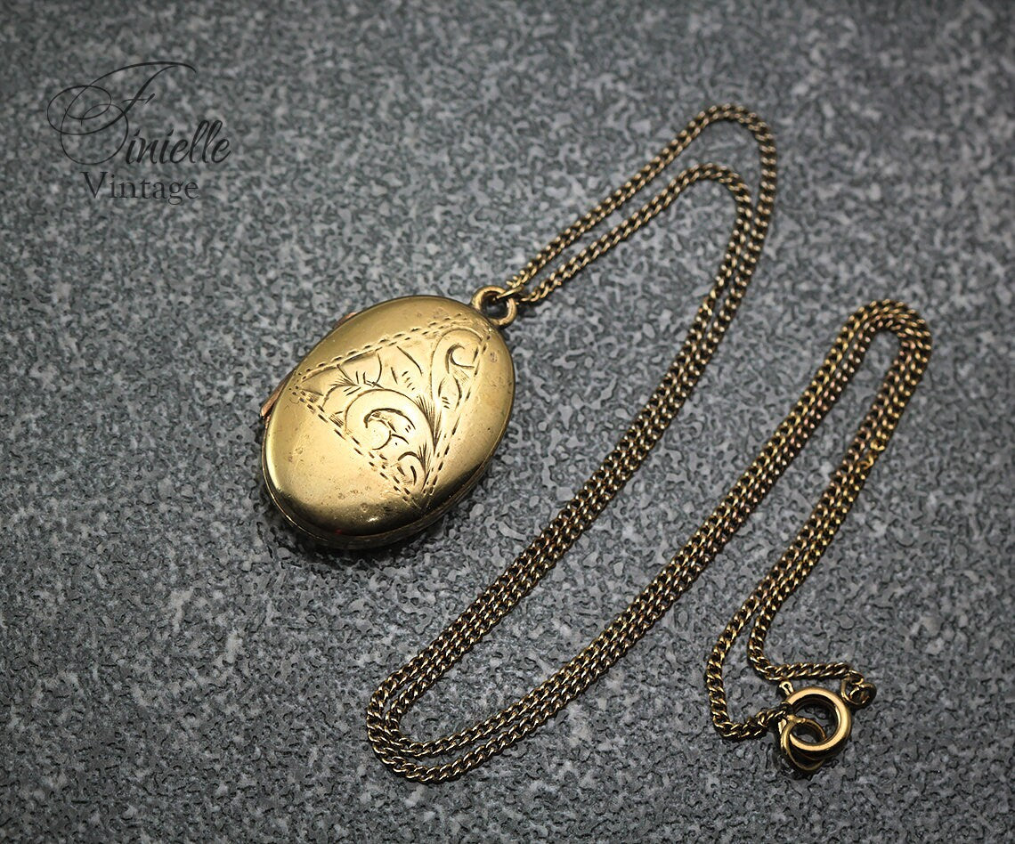 Rolled Gold Vintage 1920s Oval 2 Photo Locket Pendant Necklace, Engraved Ornate Floral, Gold Plated Chain, Unique Antique Jewelry